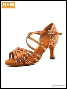 Womens Rhinestone Latin Salsa Ballroom Dance Shoes Suede Sole 3in Heel
